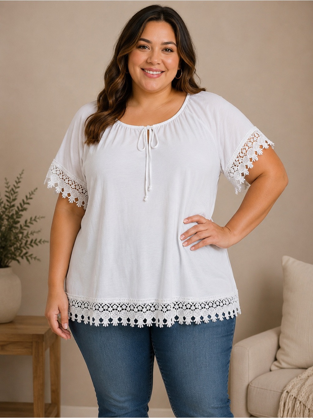 Ashley Blue White Crochet Lace Trim Tunic Top | Women’s XL